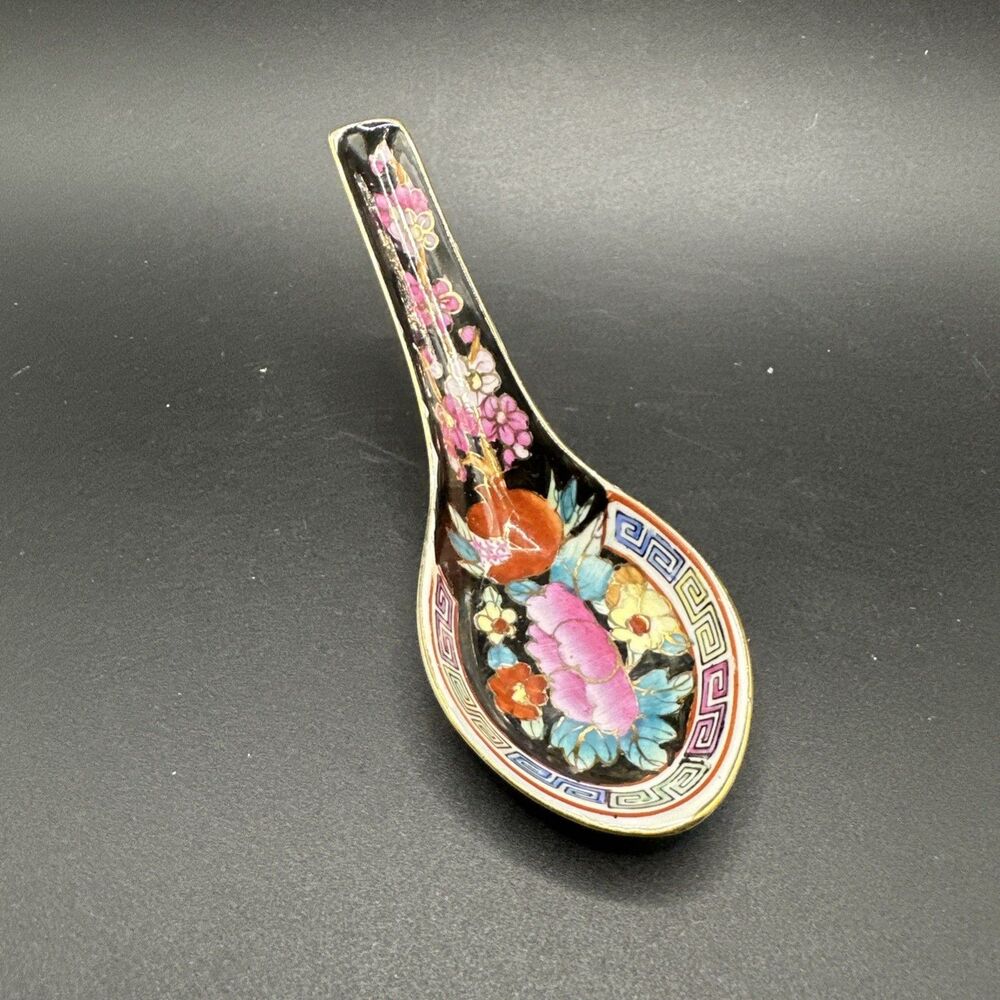 Vintage Chinese Porcelain Hand Painted Famille Noire Soup Spoon
